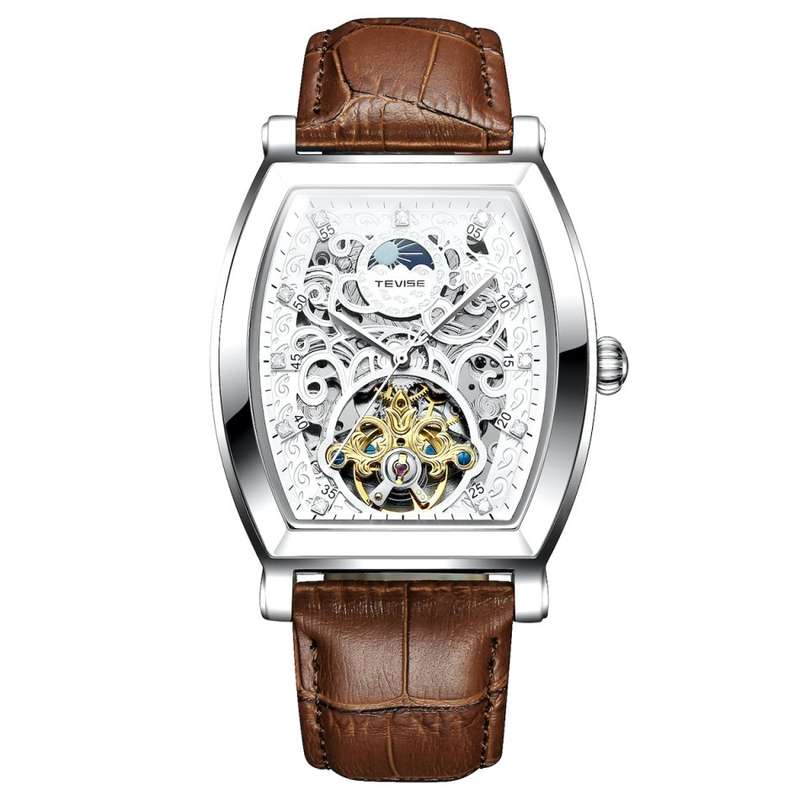 Retail: R2,899.00 TEVISE ® Men's Tonneux Tourbi Moonphase Automatic Brown Leather Watch BRAND NEW