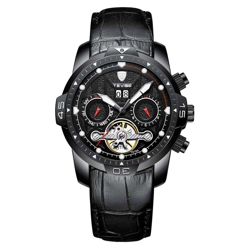 Retail: R2,799.00 TEVISE ® Men's El Diablo AUTOMATIC Leather Black Ionic Watch BRAND NEW