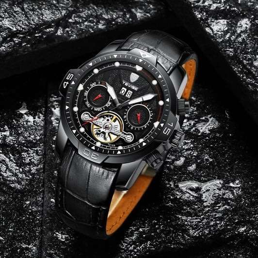 Retail: R2,799.00 TEVISE ® Men's El Diablo AUTOMATIC Leather Black Ionic Watch BRAND NEW