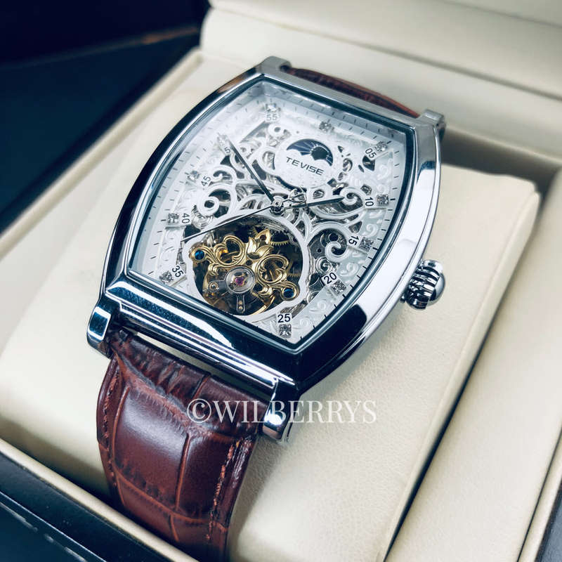 Retail: R2,899.00 TEVISE ® Men's Tonneux Tourbi Moonphase Automatic Brown Leather Watch BRAND NEW