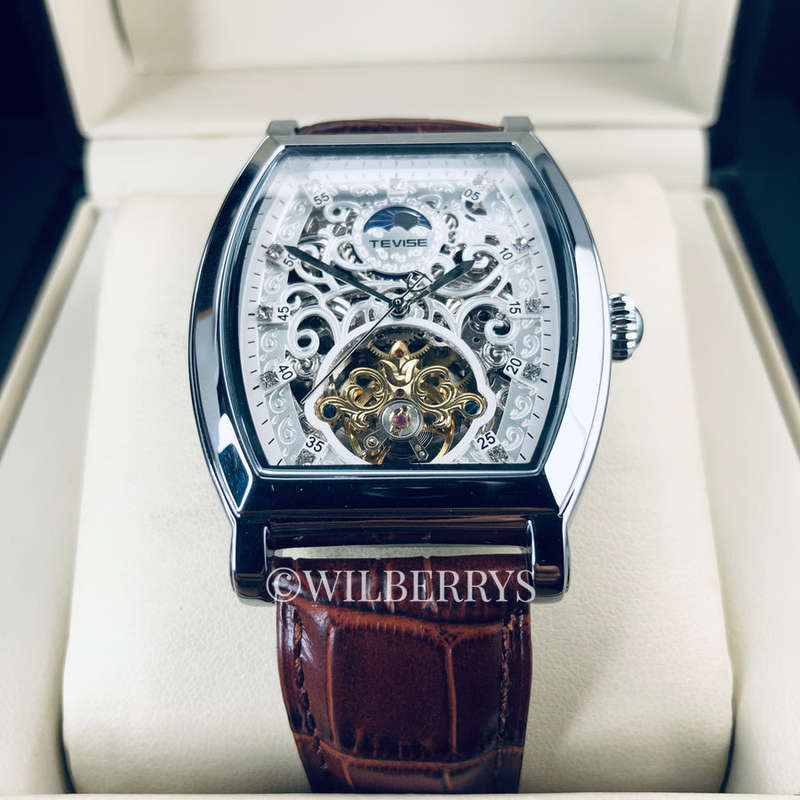 Retail: R2,899.00 TEVISE ® Men's Tonneux Tourbi Moonphase Automatic Brown Leather Watch BRAND NEW