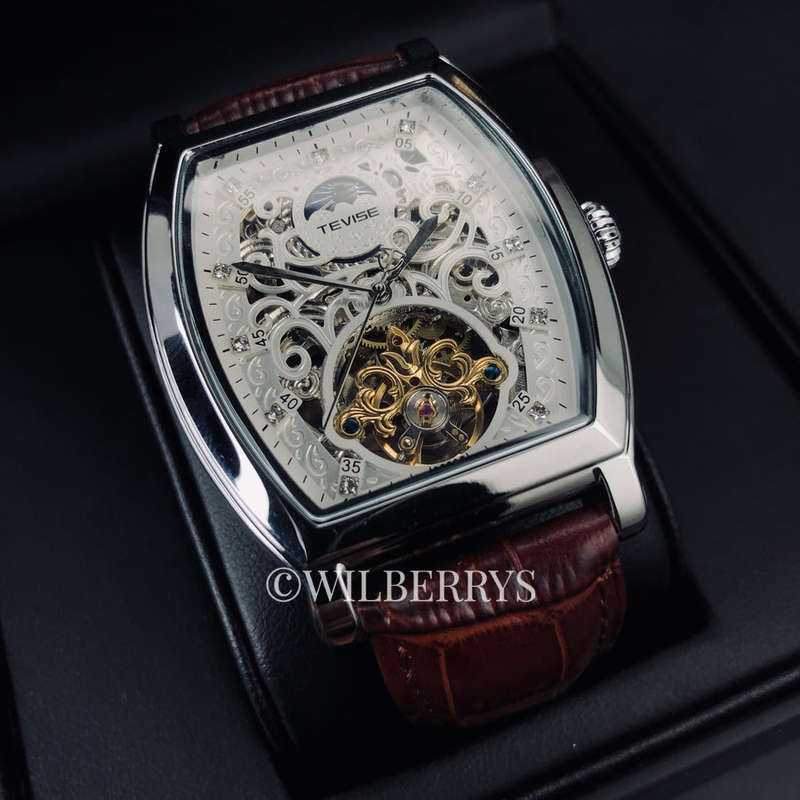 Retail: R2,899.00 TEVISE ® Men's Tonneux Tourbi Moonphase Automatic Brown Leather Watch BRAND NEW