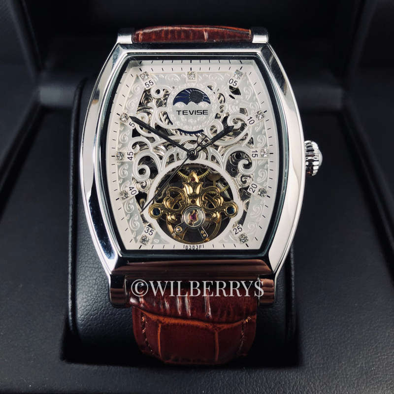 Retail: R2,899.00 TEVISE ® Men's Tonneux Tourbi Moonphase Automatic Brown Leather Watch BRAND NEW