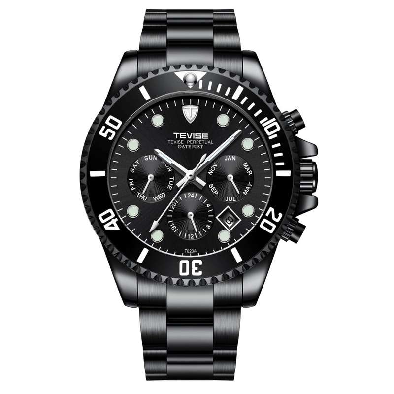 Retail: R2,599.00 TEVISE ® Men's Perpetual Automatic Ionic Black Watch BRAND NEW