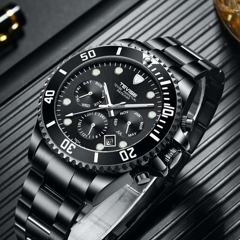 Retail: R2,599.00 TEVISE ® Men's Perpetual Automatic Ionic Black Watch BRAND NEW