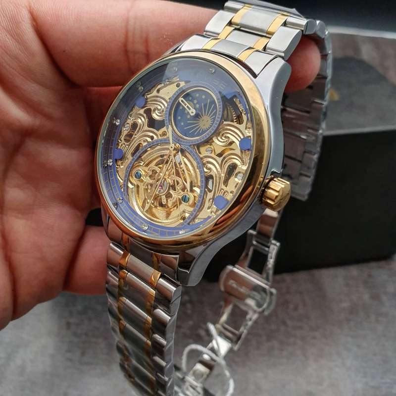 Retail: R2,399.00 TEVISE ® Men's Pirogue II Two Tone Automatic Moonphase Gold Trim Watch BRAND NEW