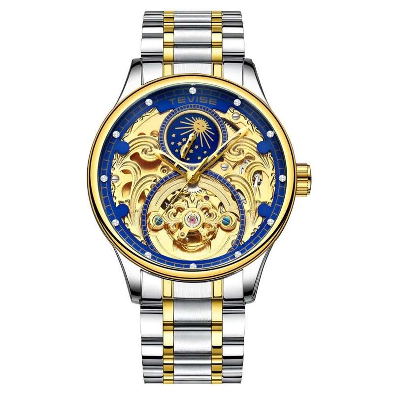 Retail: R2,399.00 TEVISE ® Men's Pirogue II Two Tone Automatic Moonphase Gold Trim Watch BRAND NEW