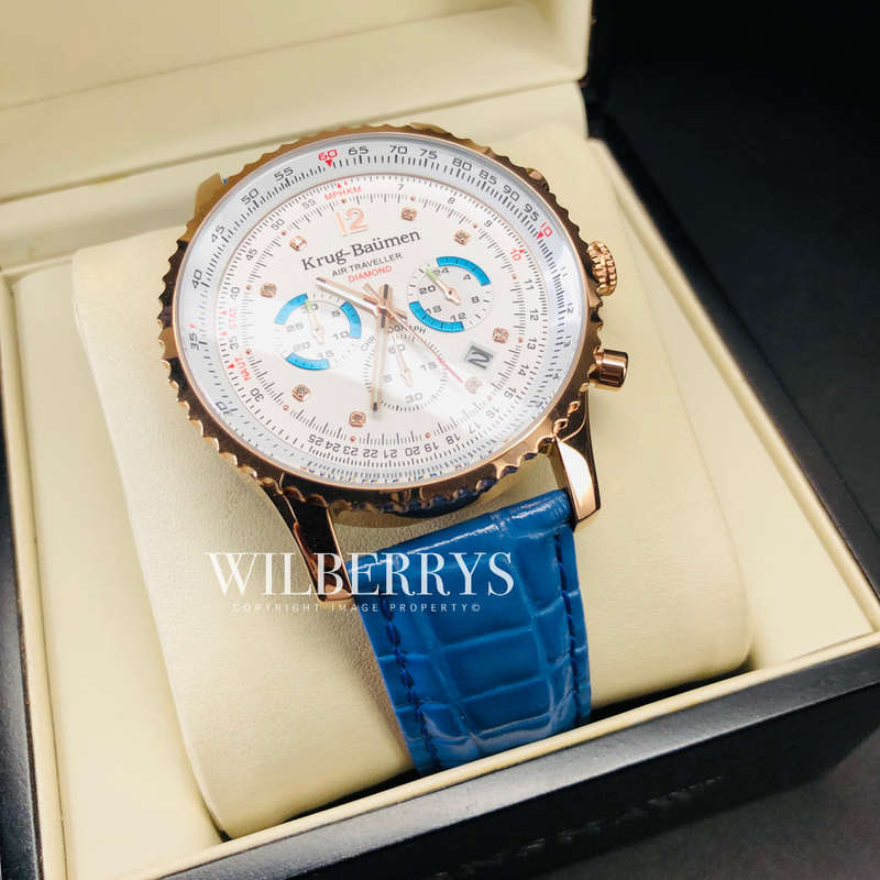 Retail: R11,000.00 Krug-Baumen Men's Air Traveller 46mm Diamond Blue Edition Watch BRAND NEW