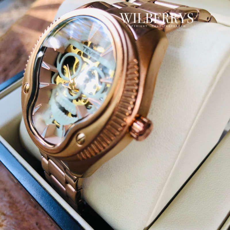 Retail: R2,799.00 TEVISE ® Men's The Skull Steel Rose Gold plated Luminous Automatic Watch BRAND NEW