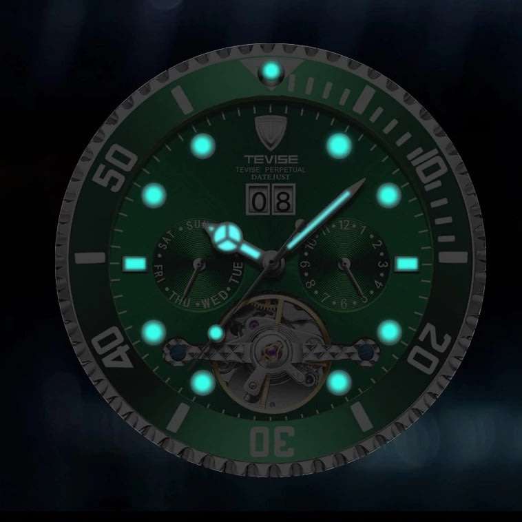 Retail: R2,599.00 TEVISE ® Men`s Perpetual FLYWHEEL Automatic Two Tone Green Watch BRAND NEW
