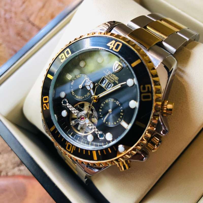 Retail: R2,599.00 TEVISE ® Men`s Perpetual FLYWHEEL Automatic Two Tone Green Watch BRAND NEW