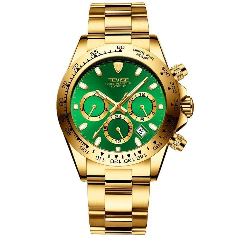 Retail: R2,599.00 TEVISE ® Men's Californian Racer Perpetual Automatic Gold/Green Watch BRAND NEW