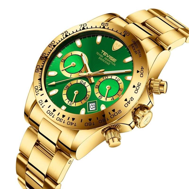 Retail: R2,599.00 TEVISE ® Men's Californian Racer Perpetual Automatic Gold/Green Watch BRAND NEW
