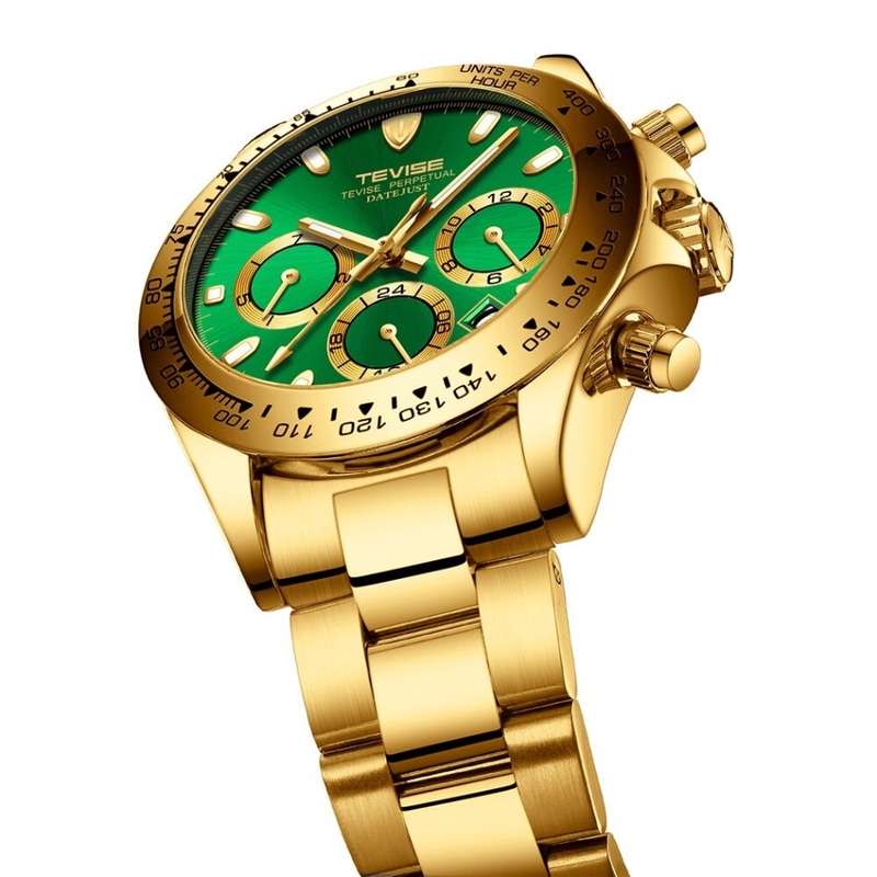 Retail: R2,599.00 TEVISE ® Men's Californian Racer Perpetual Automatic Gold/Green Watch BRAND NEW
