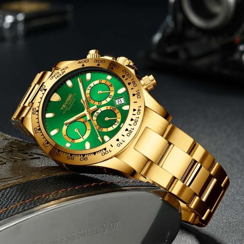 Retail: R2,599.00 TEVISE ® Men's Californian Racer Perpetual Automatic Gold/Green Watch BRAND NEW