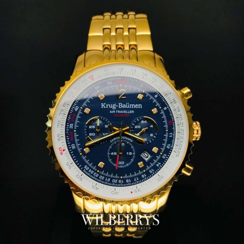 Retail: R12,000.00 Krug-Baumen Men's Air Traveller 46mm Diamond FULL GOLD pl Watch  NEW IN BOX