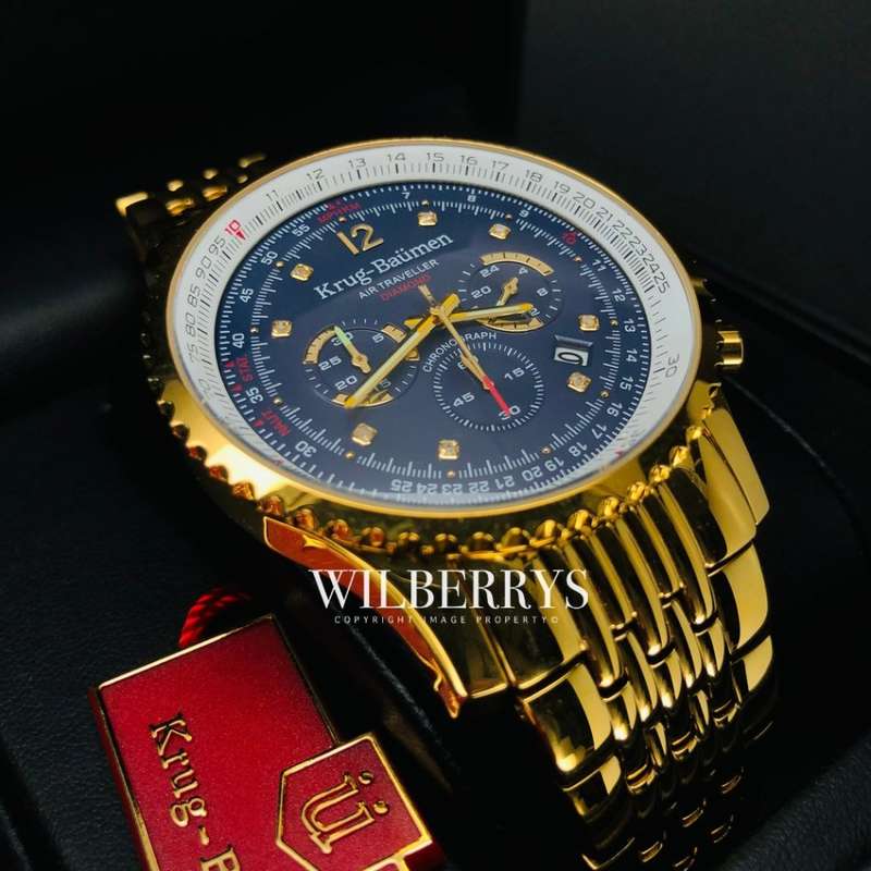 Retail: R12,000.00 Krug-Baumen Men's Air Traveller 46mm Diamond FULL GOLD pl Watch  NEW IN BOX