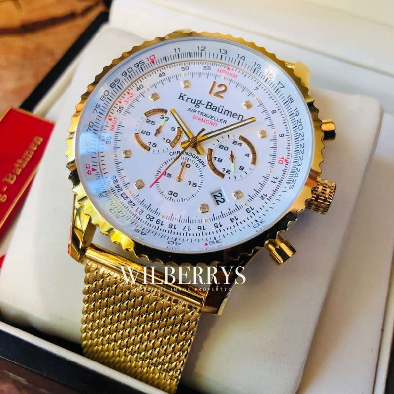 Retail: R12,000.00 Krug-Baumen Men's Air Traveller 46mm Diamond FULL GOLD pl Watch  NEW IN BOX