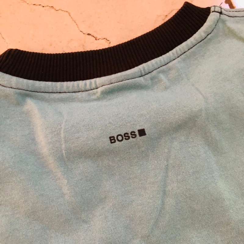 HUGO BOSS Turquoise World Tee Shirt Brown Trim  - 100% GENUINE NEW good condition