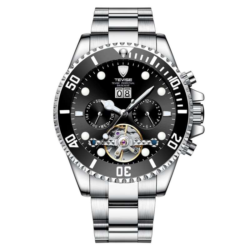 Retail: R2,599.00 TEVISE ® Men's Perpetual FLYWHEEL Automatic Silver/Black Watch BRAND NEW