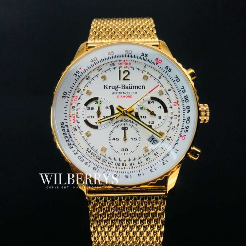 Retail: R12,000.00 Krug-Baumen Men's Air Traveller 46mm Diamond FULL GOLD pl Watch  NEW IN BOX