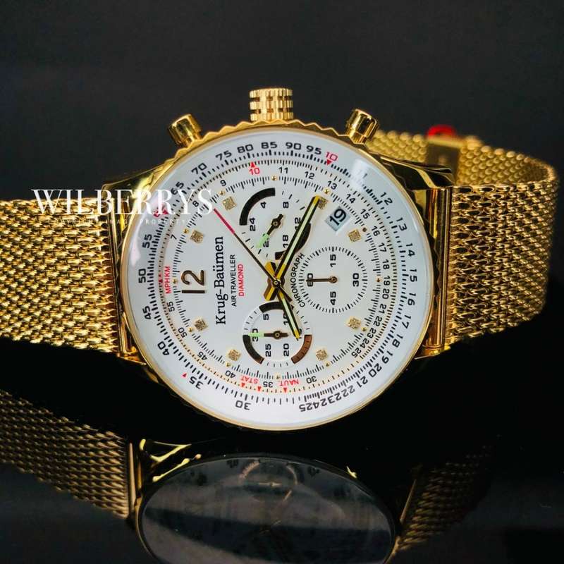 Retail: R12,000.00 Krug-Baumen Men's Air Traveller 46mm Diamond FULL GOLD pl Watch  NEW IN BOX