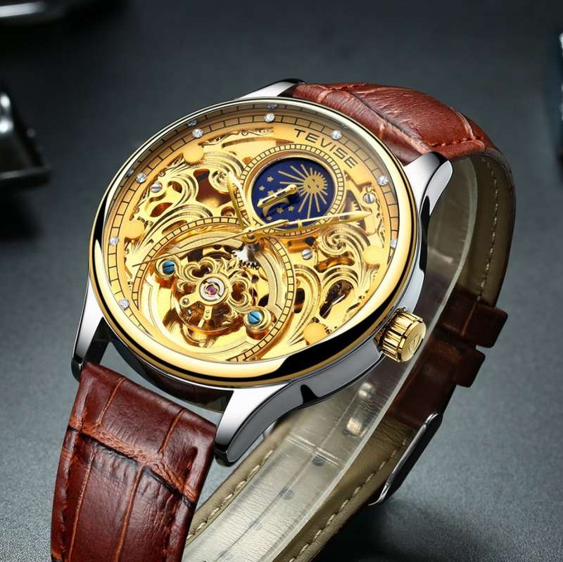 Retail: R2,399.00 TEVISE ® Men's Pirogue II Leather Automatic Moonphase White Trim Watch BRAND NEW