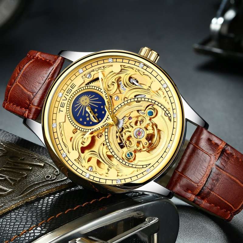 Retail: R2,399.00 TEVISE ® Men's Pirogue II Leather Automatic Moonphase White Trim Watch BRAND NEW