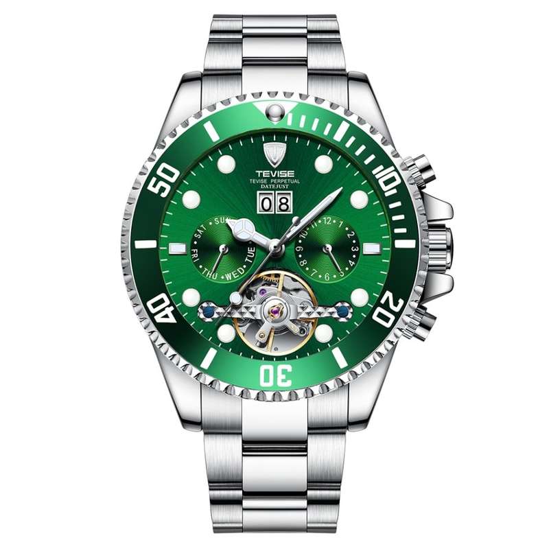 Retail: R2,599.00 TEVISE ® Men's Perpetual FLYWHEEL Automatic Green Watch BRAND NEW