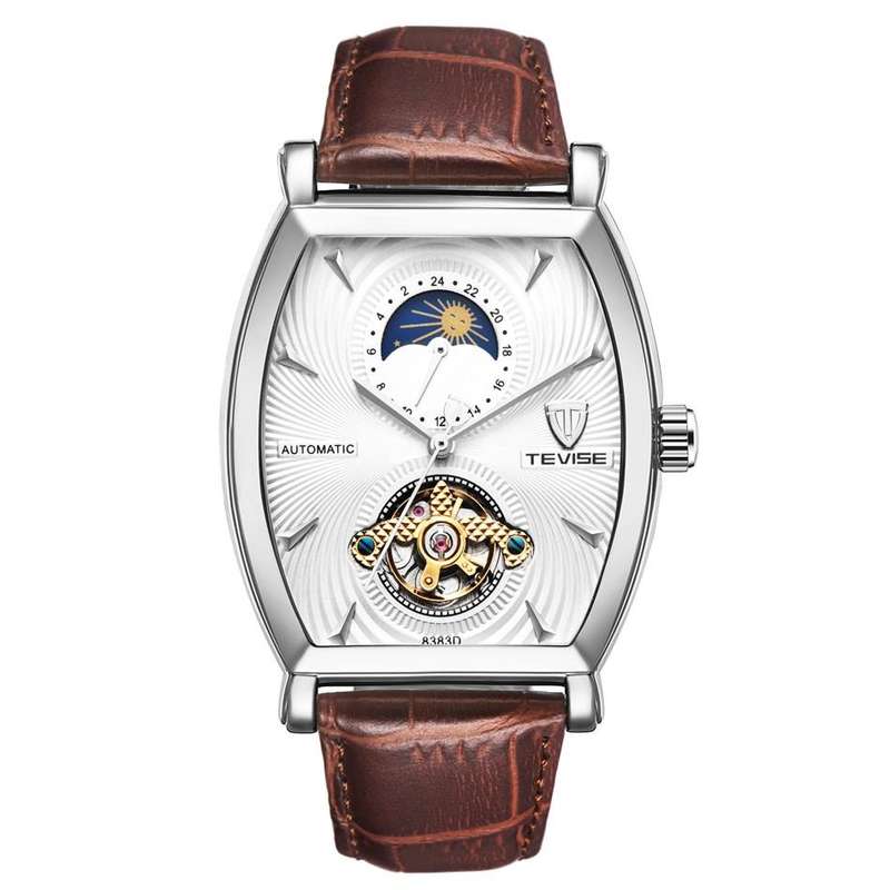 Retail: R2,899.00 TEVISE ® Men's Tonneux Tourbi Moonphase Automatic Silver/Brown Watch BRAND NEW