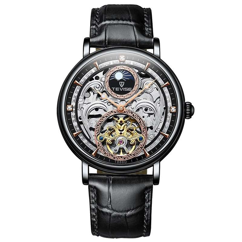 Retail: R2,599.00 TEVISE ® Men's MOONWALKER AUTOMATIC Moonphase Rose Gold Black Watch BRAND NEW