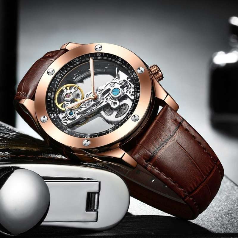 Retail: R2,399.00 TEVISE ® Men's Aigon Hollow Automatic Leather ROSE GOLD BROWN Watch BRAND NEW