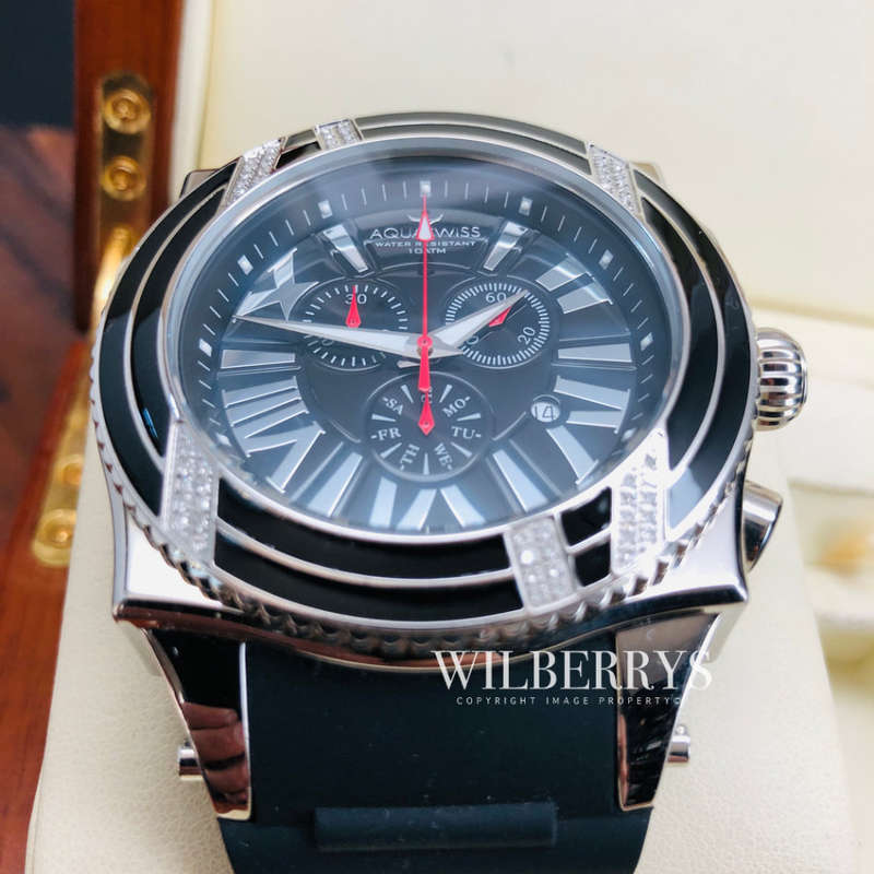 Retail: R28,500.00 Aquaswiss AQUANAUT DIAMOND Black/Silver THICK/HEAVY Chrono Watch BRAND NEW