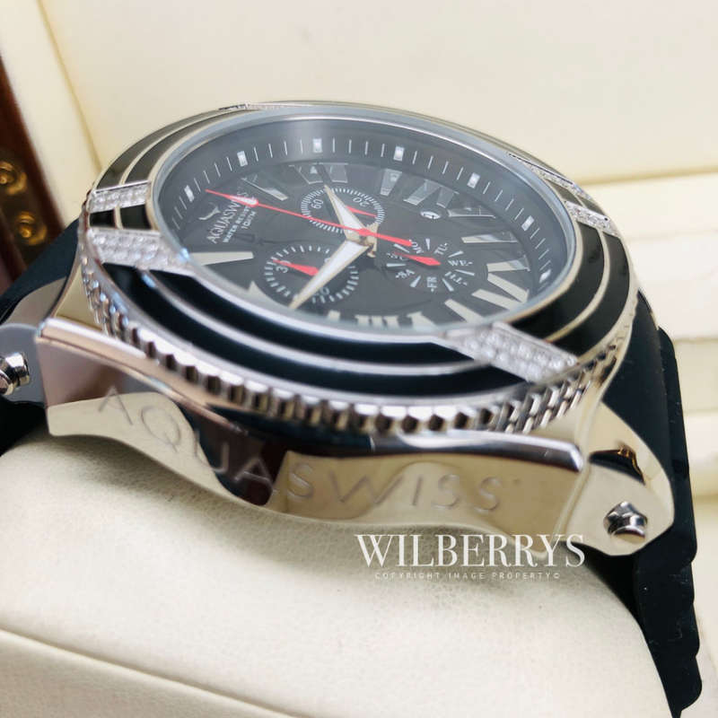 Retail: R28,500.00 Aquaswiss AQUANAUT DIAMOND Black/Silver THICK/HEAVY Chrono Watch BRAND NEW