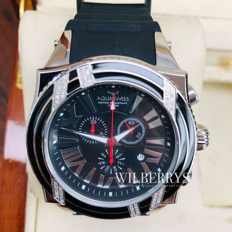 Retail: R28,500.00 Aquaswiss AQUANAUT DIAMOND Black/Silver THICK/HEAVY Chrono Watch BRAND NEW