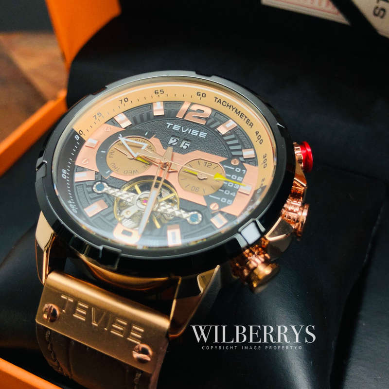 Retail: R2,399.00 TEVISE ® Men's Albatross AUTOMATIC Leather Rose Gold Brown Watch BRAND NEW