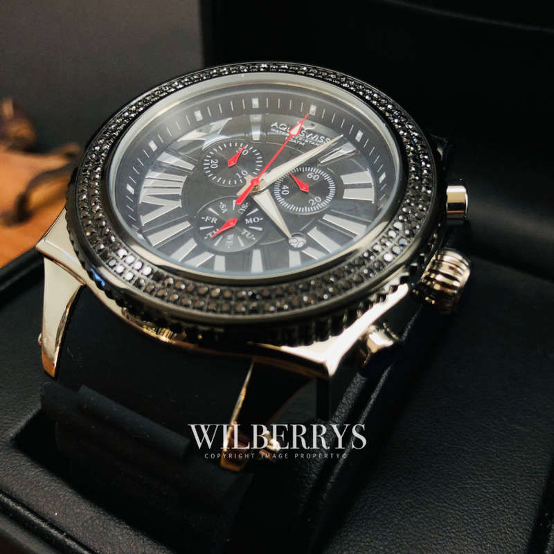 Retail: R28,500.00 Aquaswiss AQUANAUT DIAMOND Black/Silver THICK/HEAVY Chrono Watch BRAND NEW