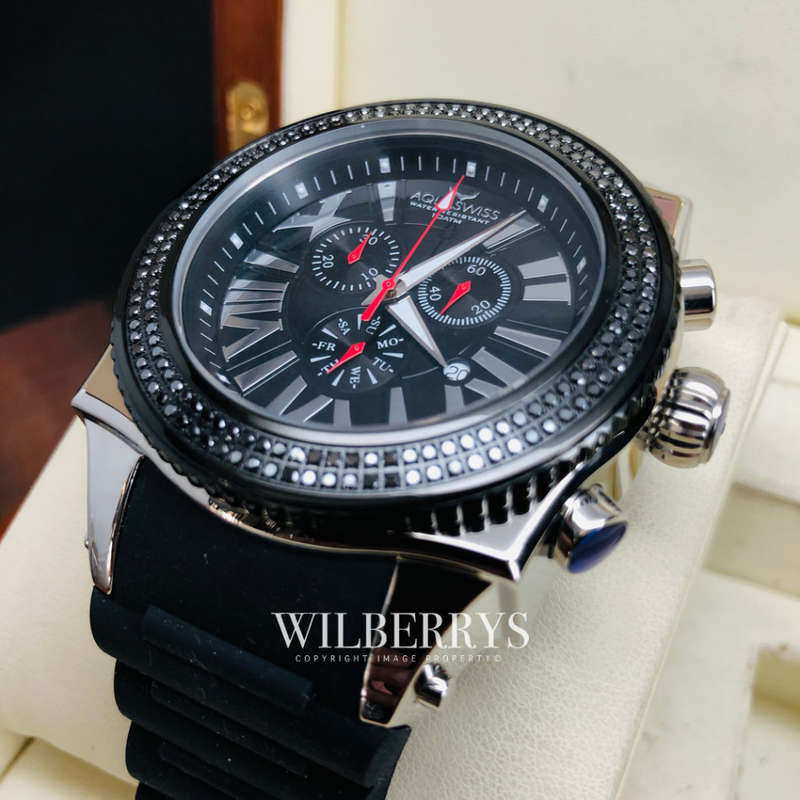 Retail: R28,500.00 Aquaswiss AQUANAUT DIAMOND Black/Silver THICK/HEAVY Chrono Watch BRAND NEW