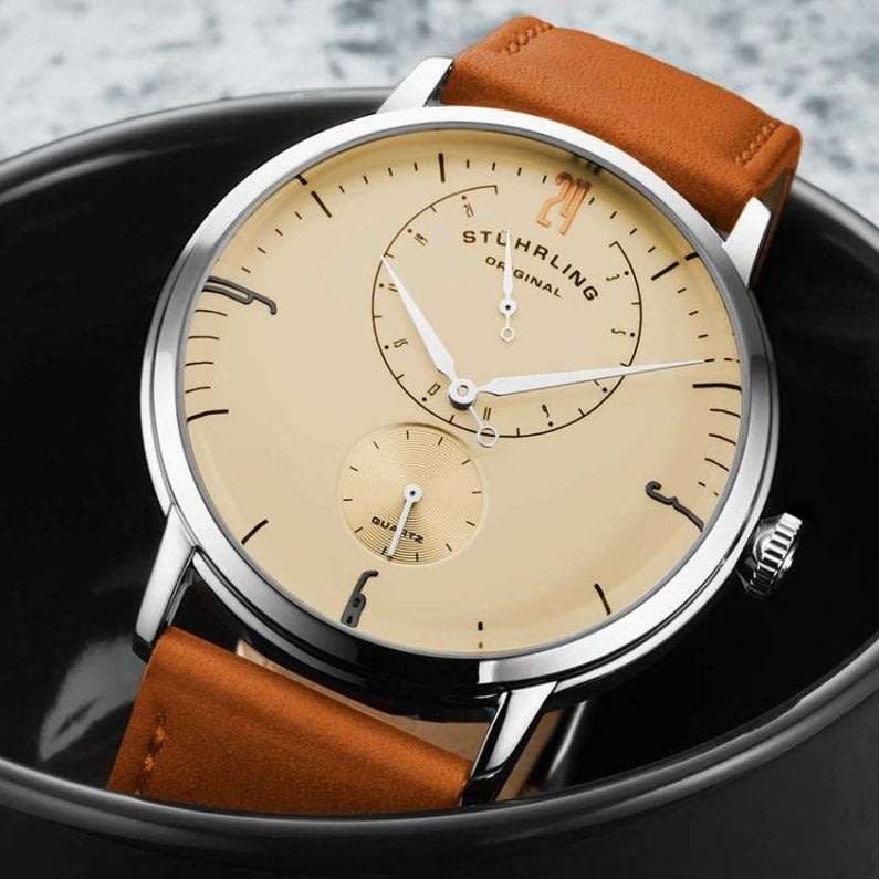 Retail: R7,999.00 STUHRLING ORIGINAL® Men's DOMULAR Tan Rose Gold pl. Genuine Leather Watch NEW
