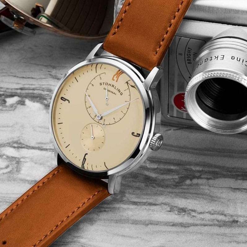 Retail: R7,999.00 STUHRLING ORIGINAL® Men's DOMULAR Tan Rose Gold pl. Genuine Leather Watch NEW