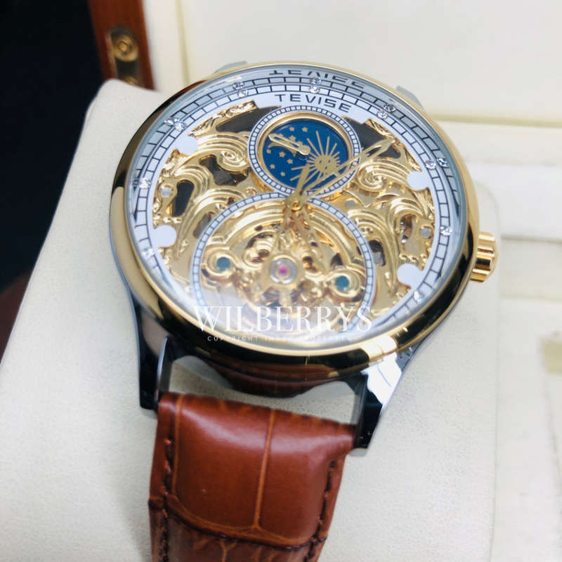 Retail: R2,399.00 TEVISE ® Men`s Pirogue II Leather Automatic Moonphase White Trim Watch BRAND NEW