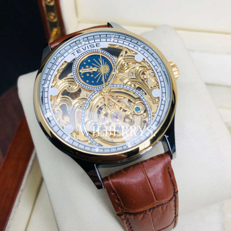 Retail: R2,399.00 TEVISE ® Men`s Pirogue II Leather Automatic Moonphase White Trim Watch BRAND NEW