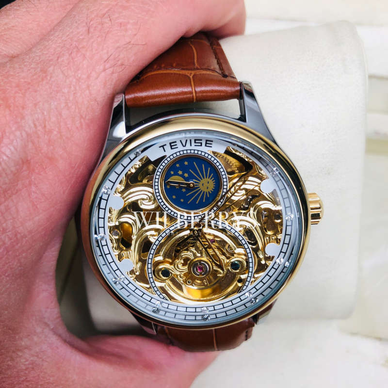 Retail: R2,399.00 TEVISE ® Men`s Pirogue II Leather Automatic Moonphase White Trim Watch BRAND NEW