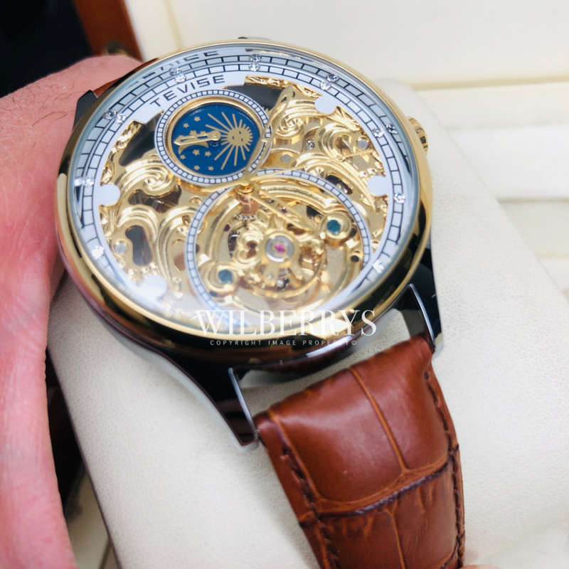 Retail: R2,399.00 TEVISE ® Men`s Pirogue II Leather Automatic Moonphase White Trim Watch BRAND NEW