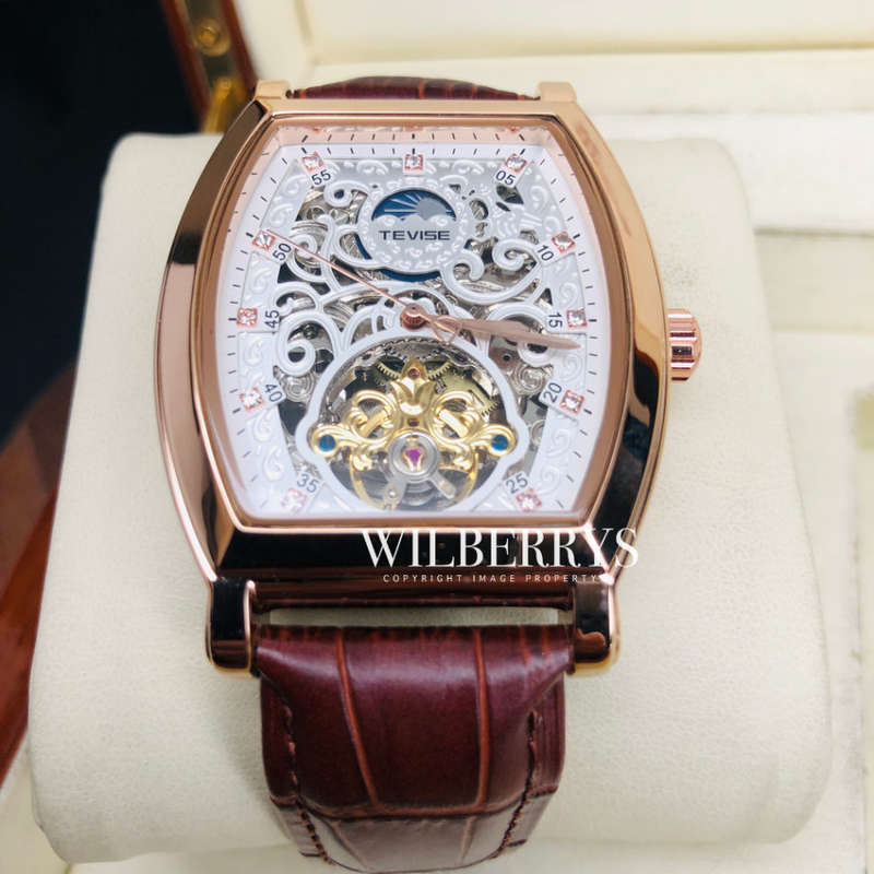 Retail: R2,899.00 TEVISE ® Men's Tonneux Tourbi Moonphase Automatic Rose Gold/White Watch BRAND NEW