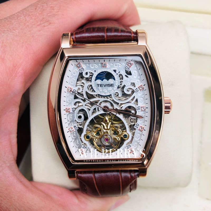 Retail: R2,899.00 TEVISE ® Men's Tonneux Tourbi Moonphase Automatic Rose Gold/White Watch BRAND NEW