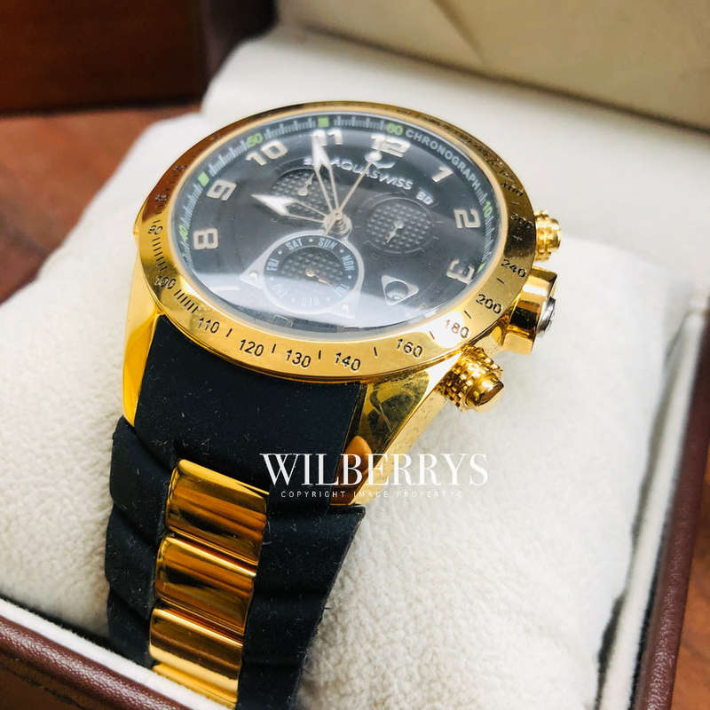 Retail R14 500.00 Aquaswiss Men s TRAX II DARK KNIGHT 18k Rose Gold pl. Chronograph Watch BRAND NEW bobshop .za