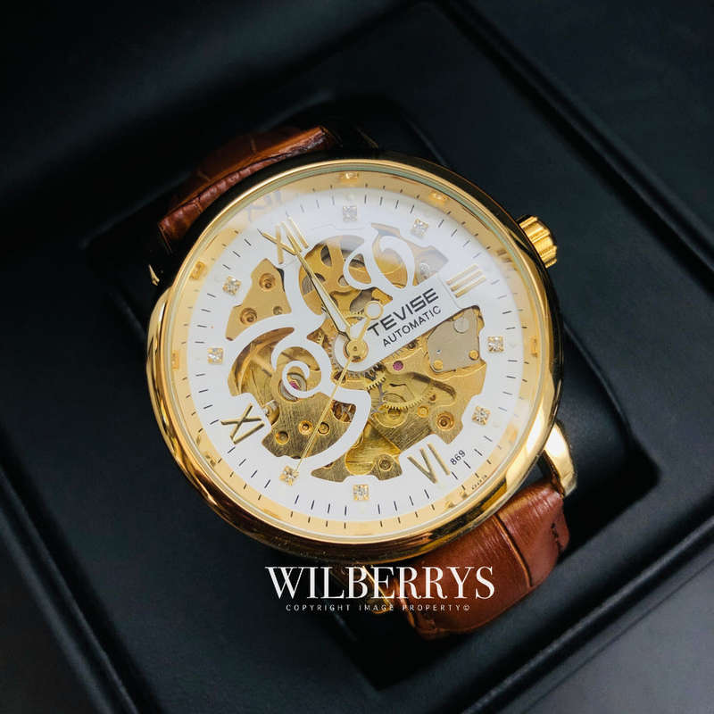 Retail: R2,399.00 TEVISE ® Men`s Metropolis Leather Gold/White Watch BRAND NEW