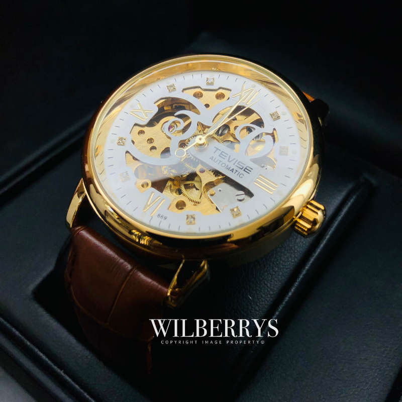 Retail: R2,399.00 TEVISE ® Men`s Metropolis Leather Gold/White Watch BRAND NEW