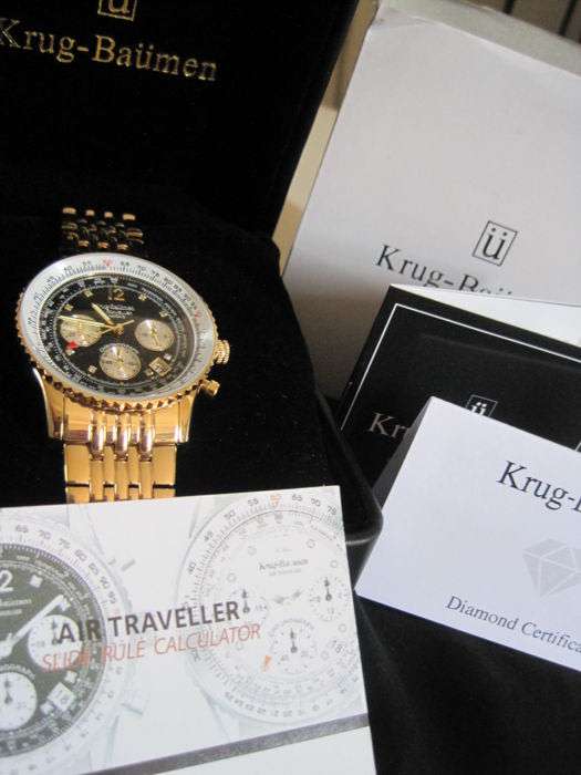Retail: R12,000.00 Krug-Baumen Men's Air Traveller 42mm Diamond GOLD pl EDITION Watch  NEW IN BOX